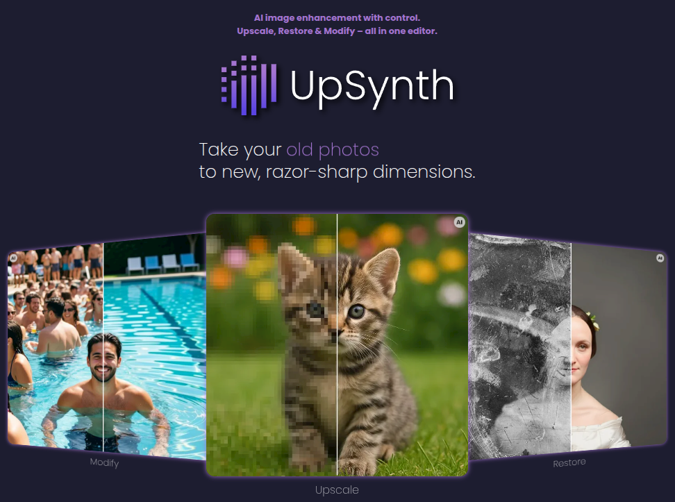 UpSynth page showing AI image enhancement and before-and-after examples